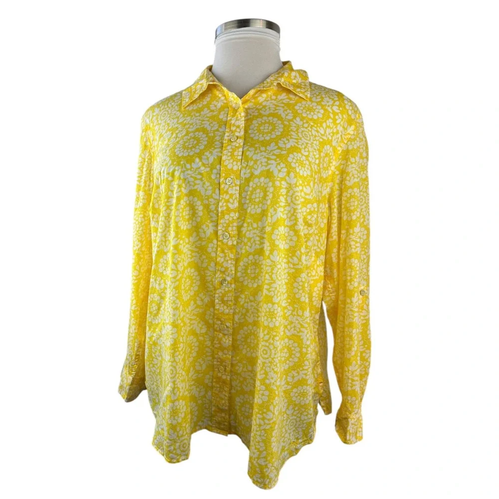 NWT Talbots Sheer Yellow White Print Button Blouse Plus Size 3Xp 3X Petite Top - Picture 4 of 14
